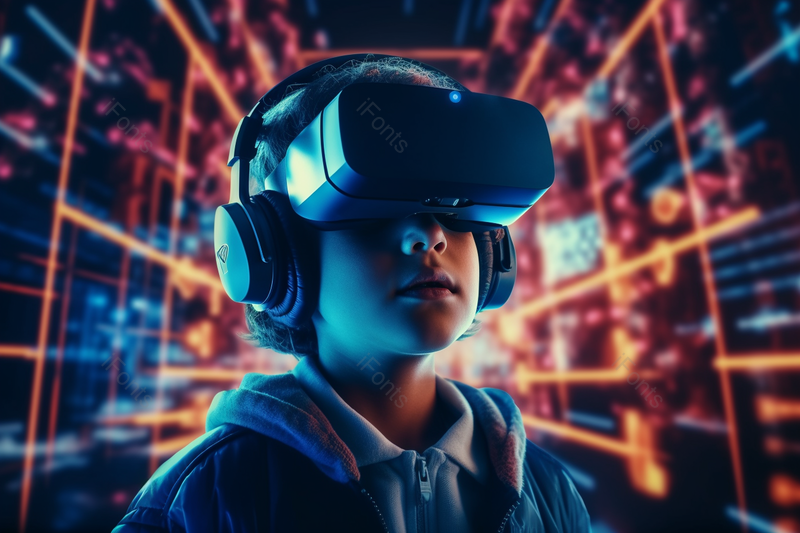 模糊背景未来虚拟世界的AR小男孩人工智能摄影图,高清,摄影图,摄影图片,图片大全,摄影图免费下载